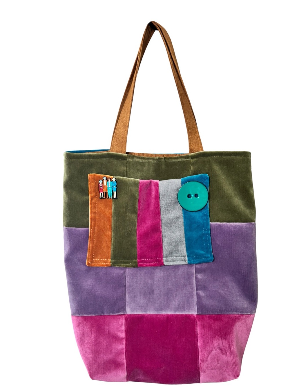 Handmade Colorblock Velvet Patchwork Tote Bag w/ Golden Girls Enamel Pin - Picture 4 of 8